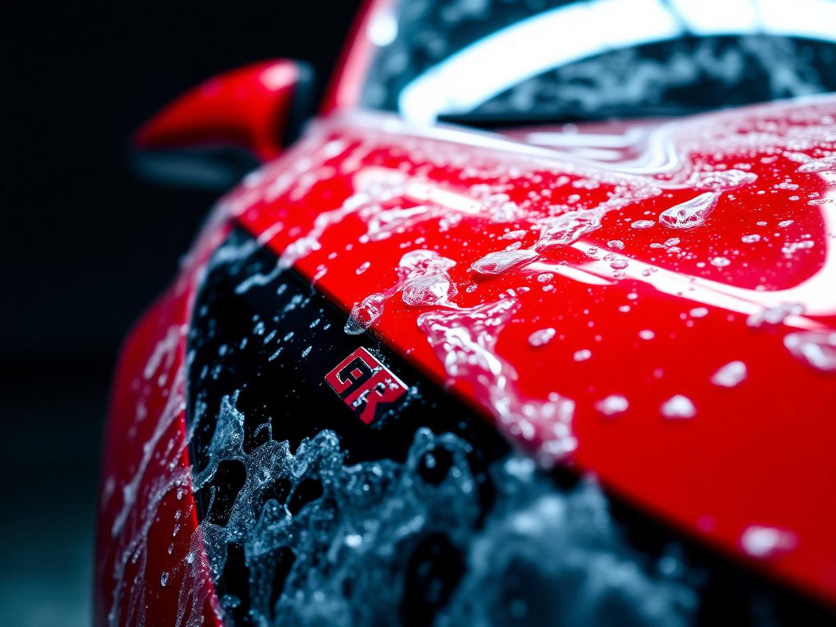 Detalj crvenog automobila prekrivenog pjenom i kapljicama vode